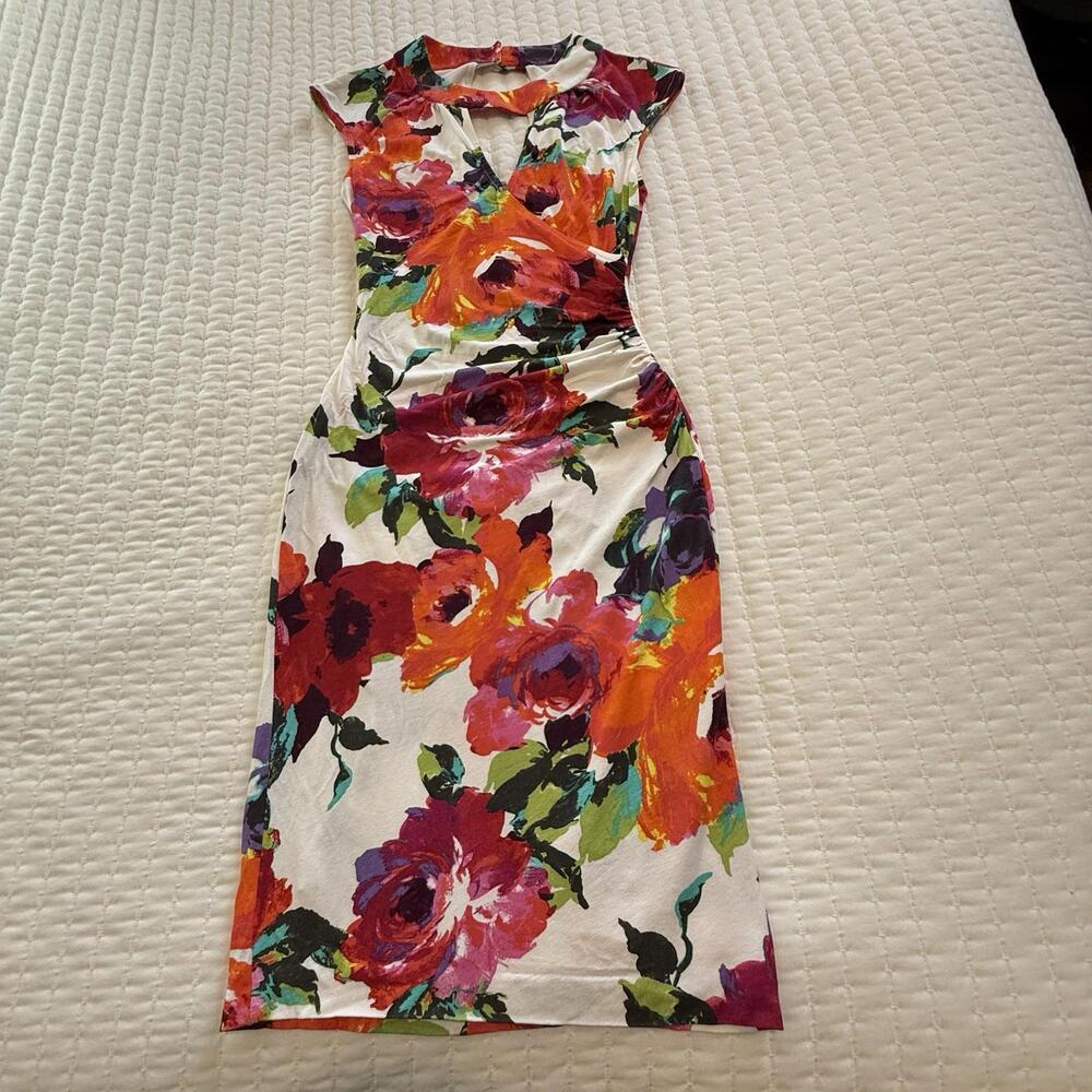 Cache White Multi Color Flower Keyhole Neck Bodycon Dress Sz XS Extra Small